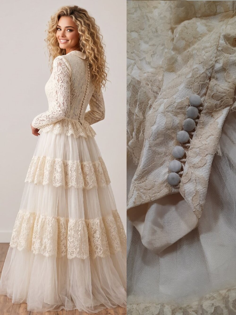 Vtg 40s handmade lace & tulle wedding dress